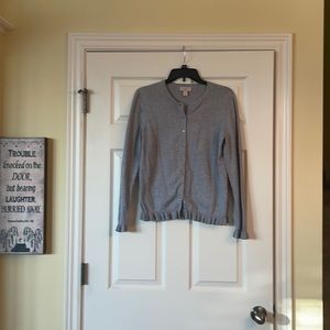 Grey Loft Cardigan Sweater with Ruffle-lined Sleeves and Bottom